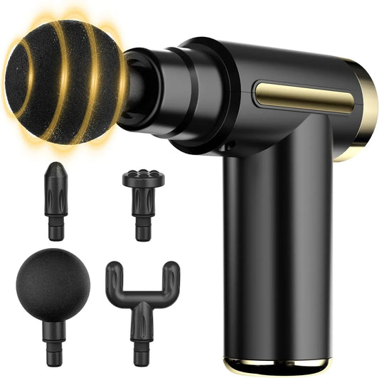 Rechargeable Mini Pro Massage Gun – Deep Tissue Handheld Massager with 6 Speeds & 4 Heads for Full Body Muscle Pain Relief